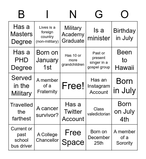 Family Reunion Bingo Card