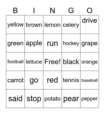 Vocabulary Bingo Card