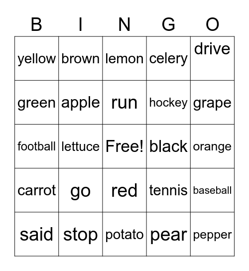 Vocabulary Bingo Card