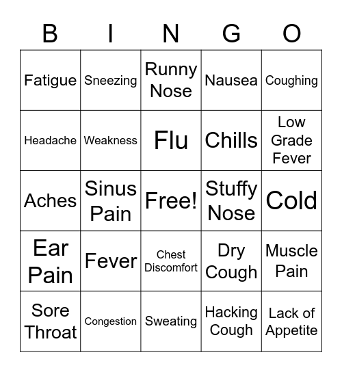 Cold and Flu SymptomsRun Bingo Card