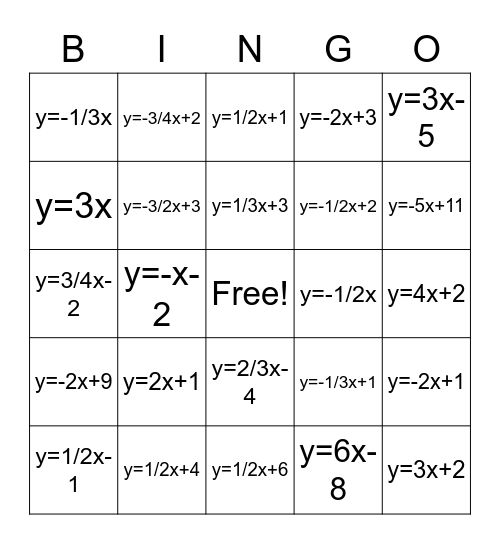 Solving for Y Bingo Card