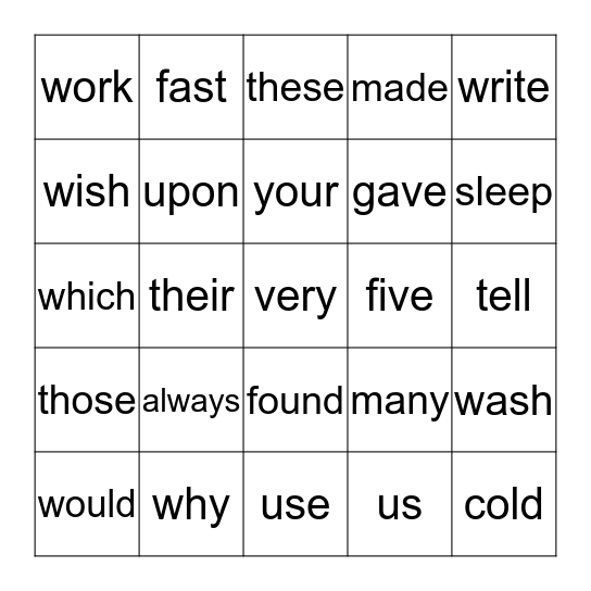 SIGHT WORDS Bingo Card