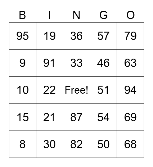 Number Bingo 1-97 Bingo Card