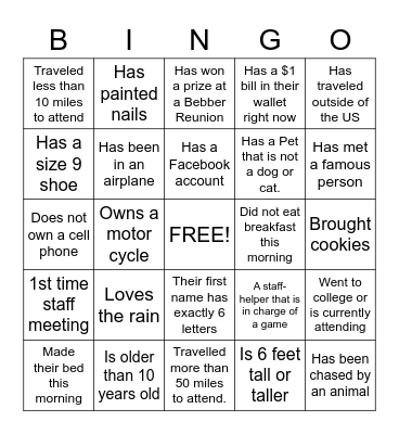 Bebber Family Reunion Bingo Card