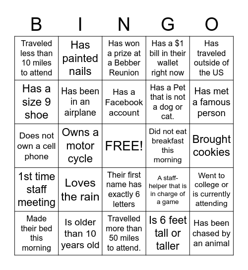 Bebber Family Reunion Bingo Card