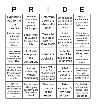25 Days of Kindness Challenge Bingo Card