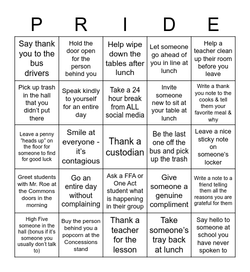 25 Days of Kindness Challenge Bingo Card