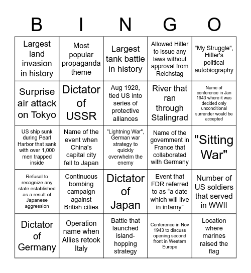 WWII Review Squares Bingo Card