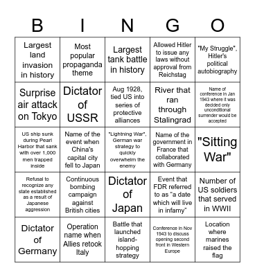 WWII Review Squares Bingo Card