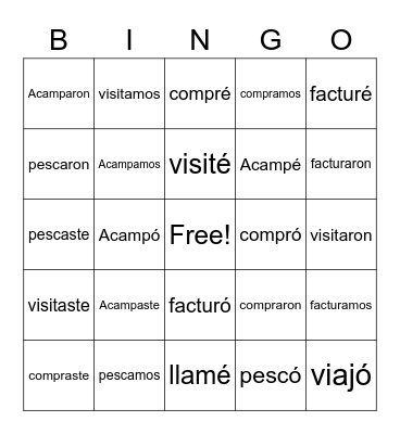 El Pretérito - AR verbs Bingo Card