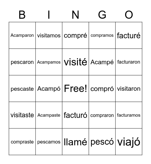 El Pretérito - AR verbs Bingo Card