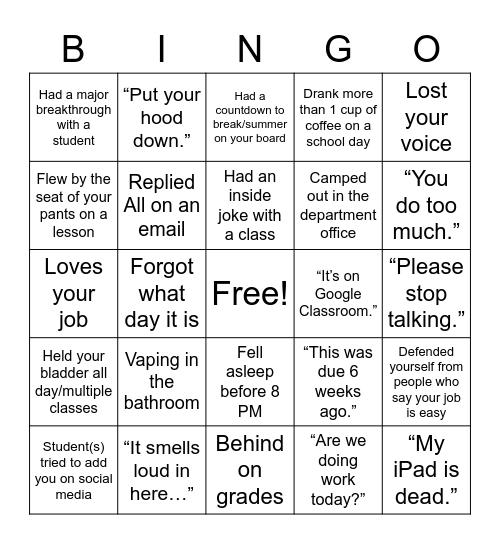 MHS Holiday Party Bingo Card