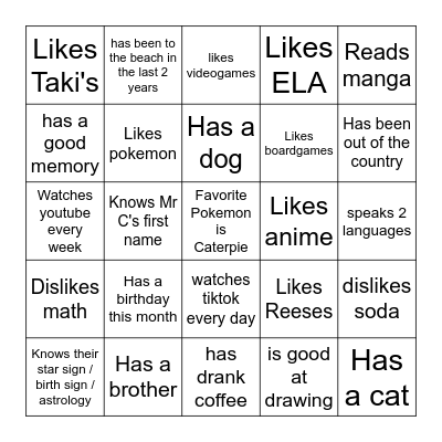 GSA Get To Know You Bingo Card