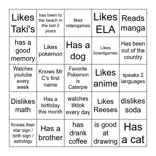 GSA Get To Know You Bingo Card