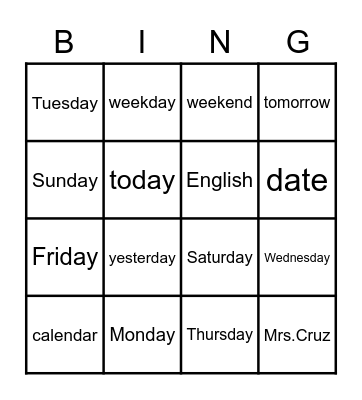 Days of the week Bingo Card