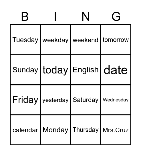 Days of the week Bingo Card