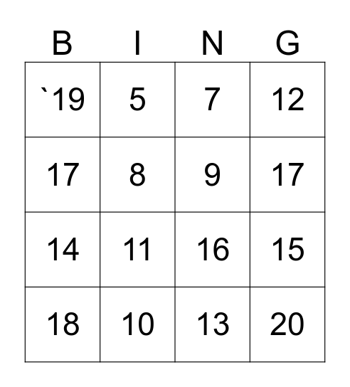 numbers 8-20 Bingo Card