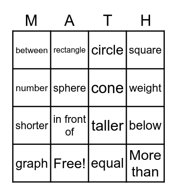 Kindergarten Academic Math Vocabulary Bingo Card