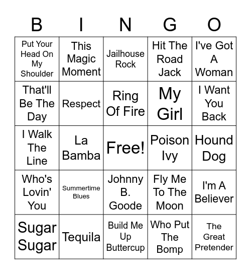 50's and 60's Music Bingo Card