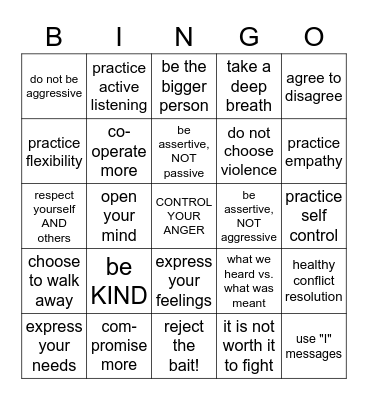 Anger Management Bingo Card