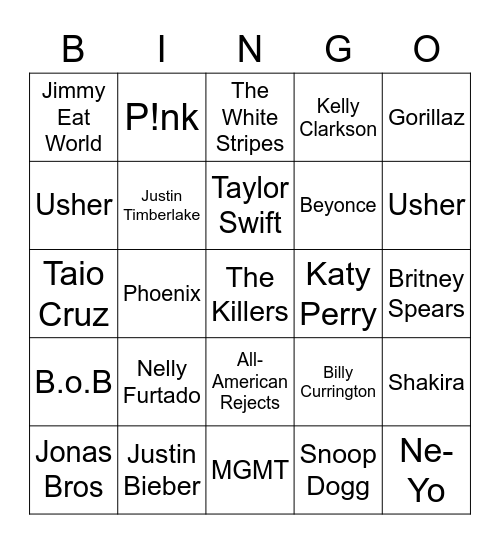 2000s Music Round 2 Bingo Card