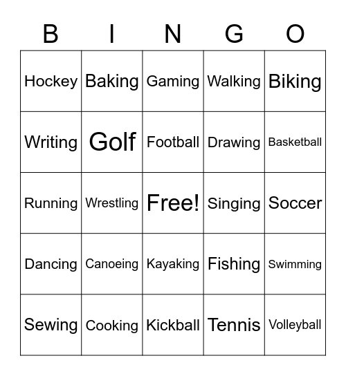 Activities Bingo Card