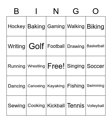 Activities Bingo Card