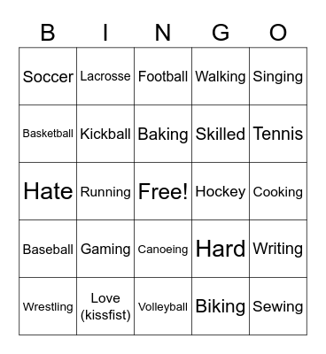 Activities Bingo Card