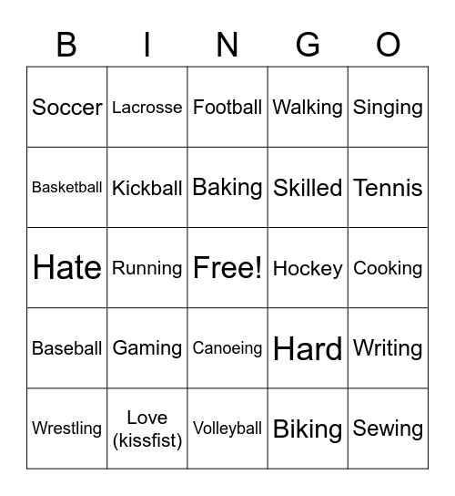 Activities Bingo Card