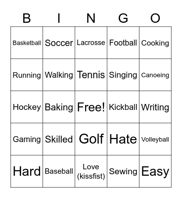 Activities Bingo Card