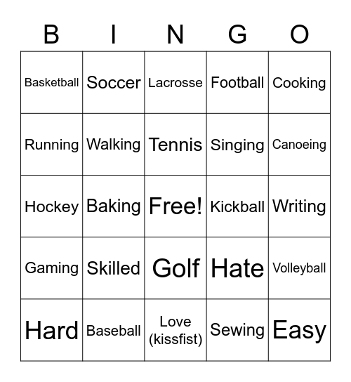 Activities Bingo Card