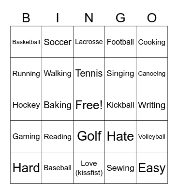 Activities Bingo Card