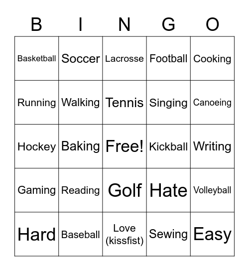 Activities Bingo Card