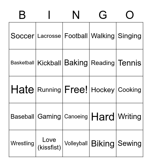 Activities Bingo Card