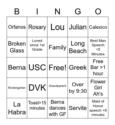 Wedding Bingo Card