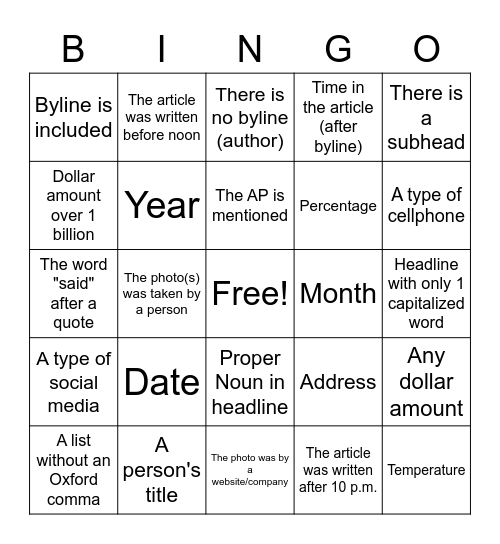 AP style Bingo Card