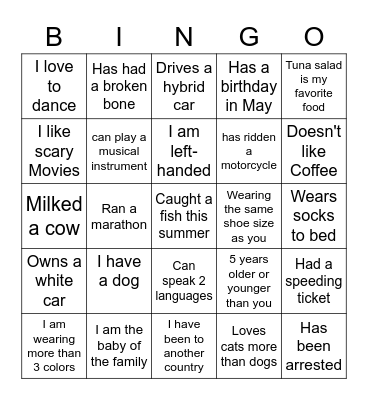 Find a Friend BINGO Card