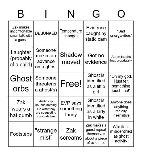 Ghost Bros Bingo Card