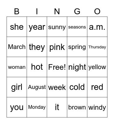 ENL Voabulary Practice Bingo Card