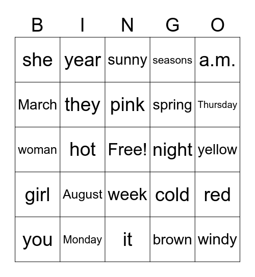 ENL Voabulary Practice Bingo Card