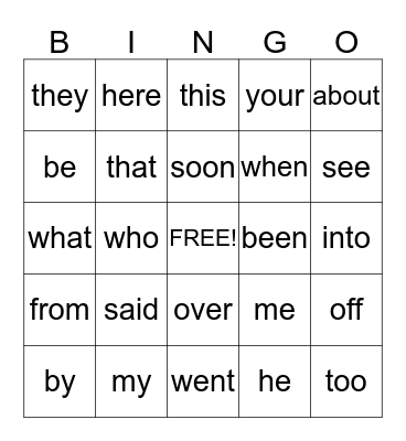 Sight words Bingo Card