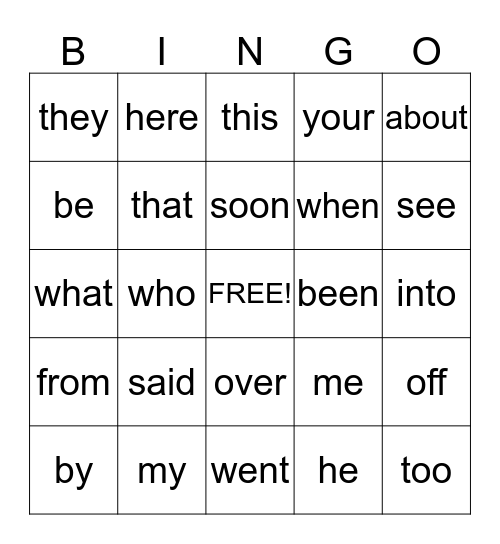 Sight words Bingo Card