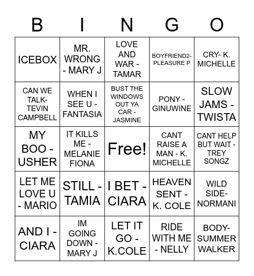 R & B Bingo Card