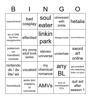 late 2000s/early 2010s cringe teen bingo Card