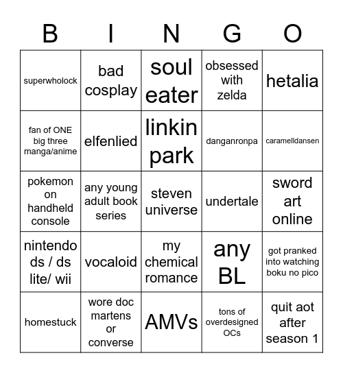 late 2000s/early 2010s cringe teen bingo Card