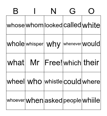 -wh /h/ ,  wh- /w/ , tricky Bingo Card