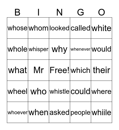 -wh /h/ ,  wh- /w/ , tricky Bingo Card