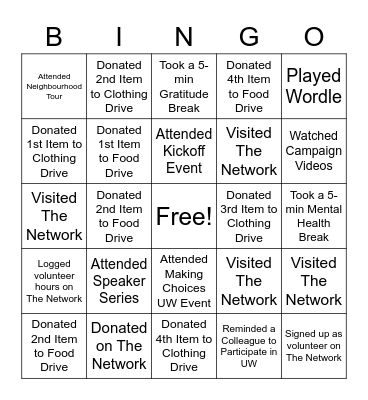 Treasury / Corp Dev / Funding United Way Campaign 2022 Bingo Card