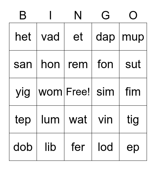 Nonsense Word Bingo Card