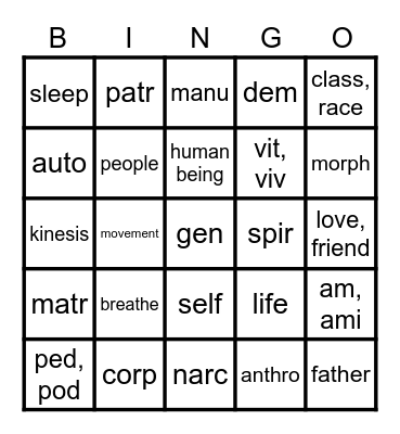 Root Set 1 Bingo Card